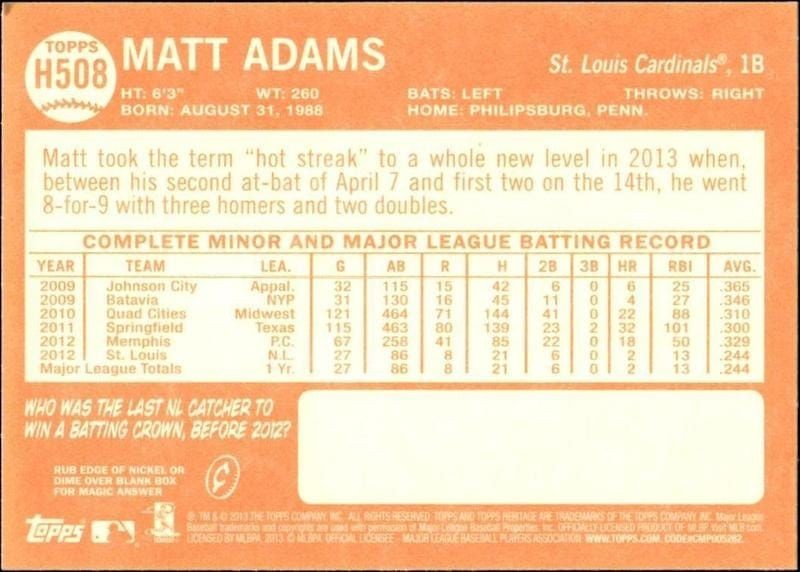 2013 Topps Heritage High Number Matt Adams #H508 baseball trading card back