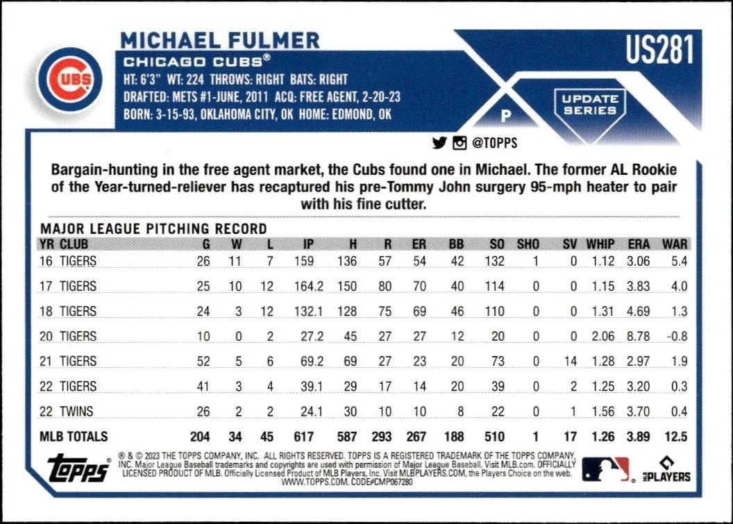 2023 Topps Chrome Update Michael Fulmer #USC183 baseball trading card back