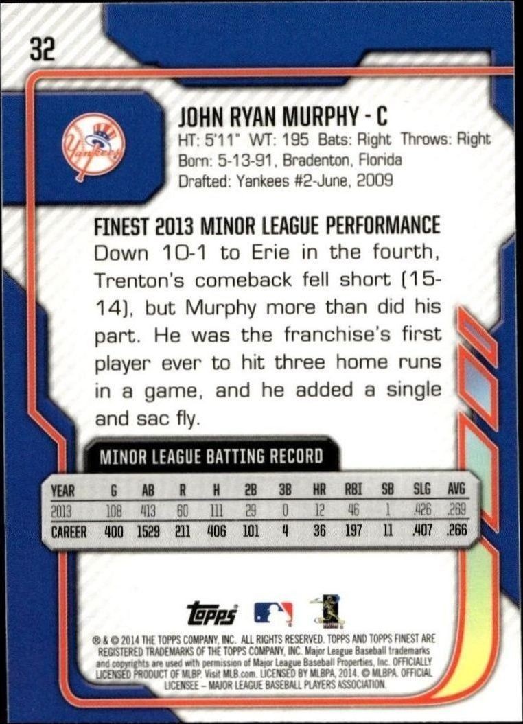 2014 Topps Finest J.R. Murphy #32 baseball trading card back