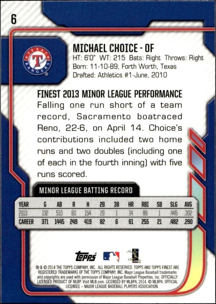 2014 Topps Finest Michael Choice #6 baseball trading card back