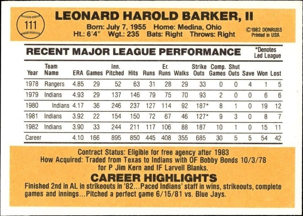 1983 Donruss Len Barker #111 baseball trading card back
