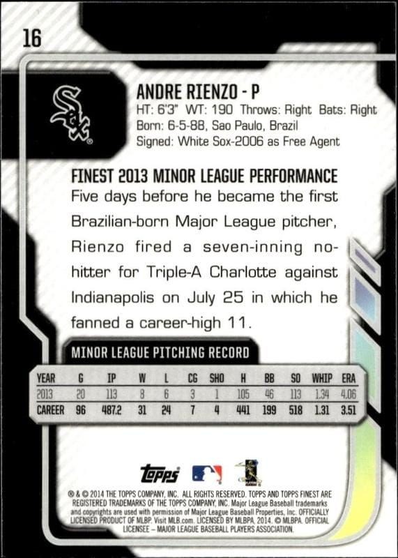 2014 Topps Finest Andre Rienzo #16 baseball trading card back