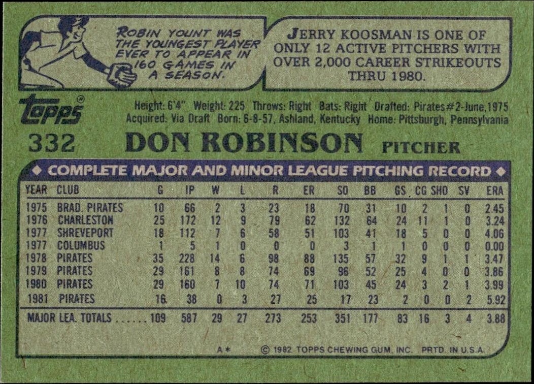 1982 Topps Don Robinson #332 baseball trading card back