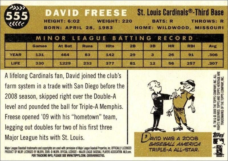 2009 Topps Heritage David Freese #555 baseball trading card back