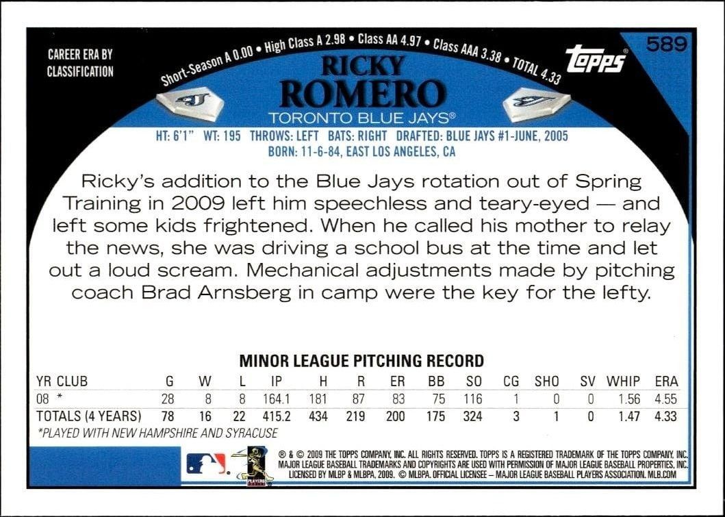 2009 Topps Series 2 Ricky Romero #589 baseball trading card back