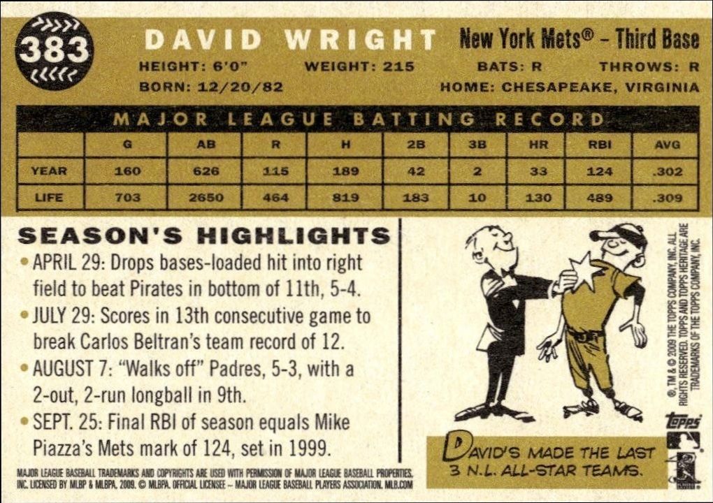 2009 Topps Heritage David Wright #383 baseball trading card back