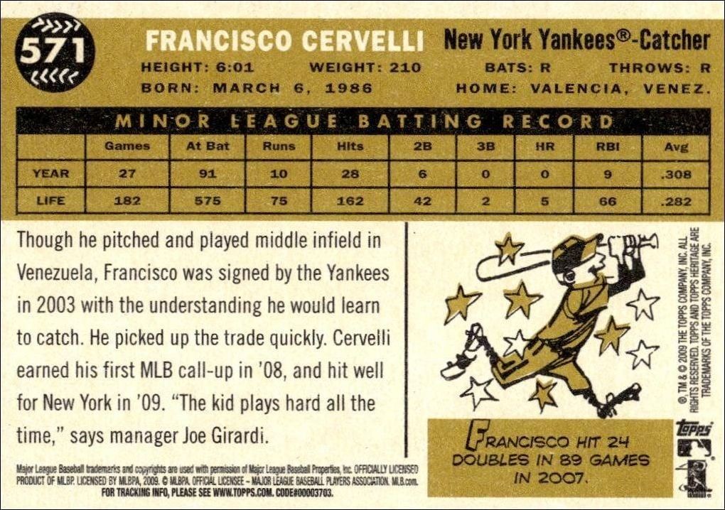 2009 Topps Heritage Francisco Cervelli #571 baseball trading card back