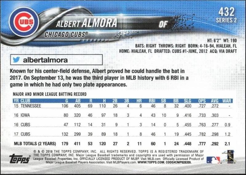 2018 Topps Series 2 Albert Almora #432 baseball trading card back