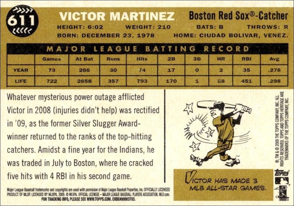 2009 Topps Heritage Victor Martinez #611 baseball trading card back