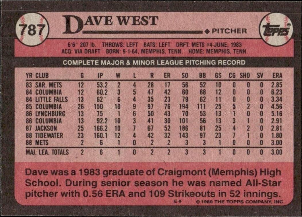 1989 Topps Dave West #787 baseball trading card back