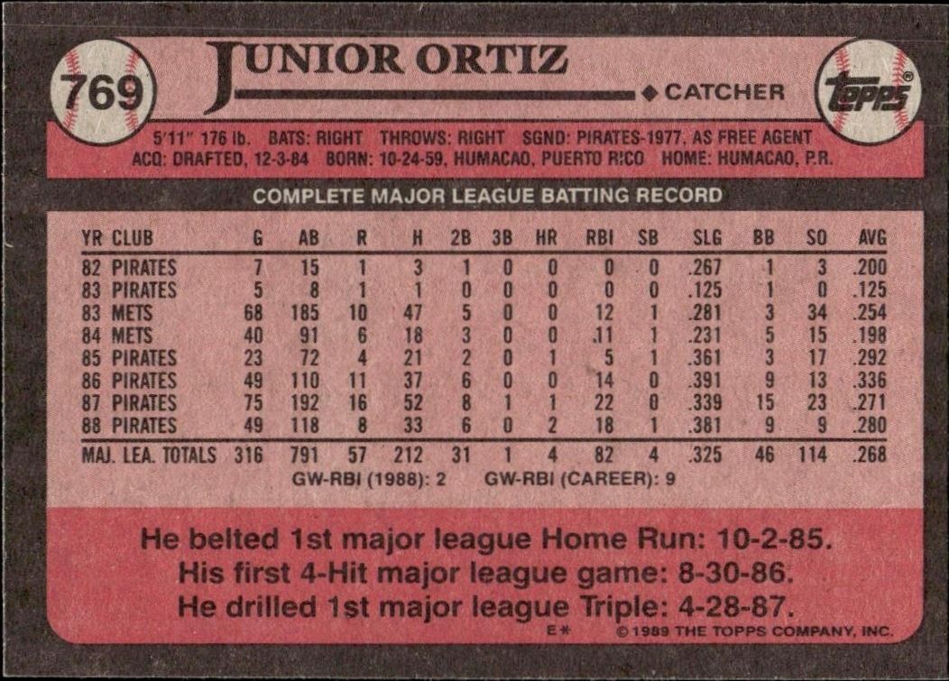 1989 Topps Junior Ortiz #769 baseball trading card back
