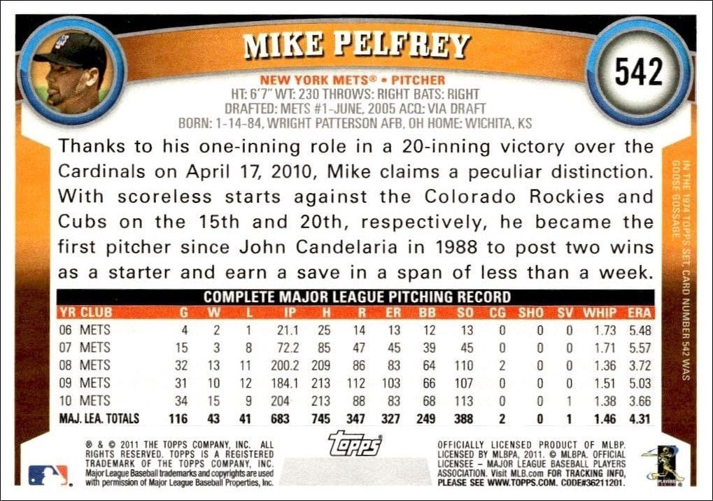 2011 Topps Series 2 Mike Pelfrey #542 baseball trading card back