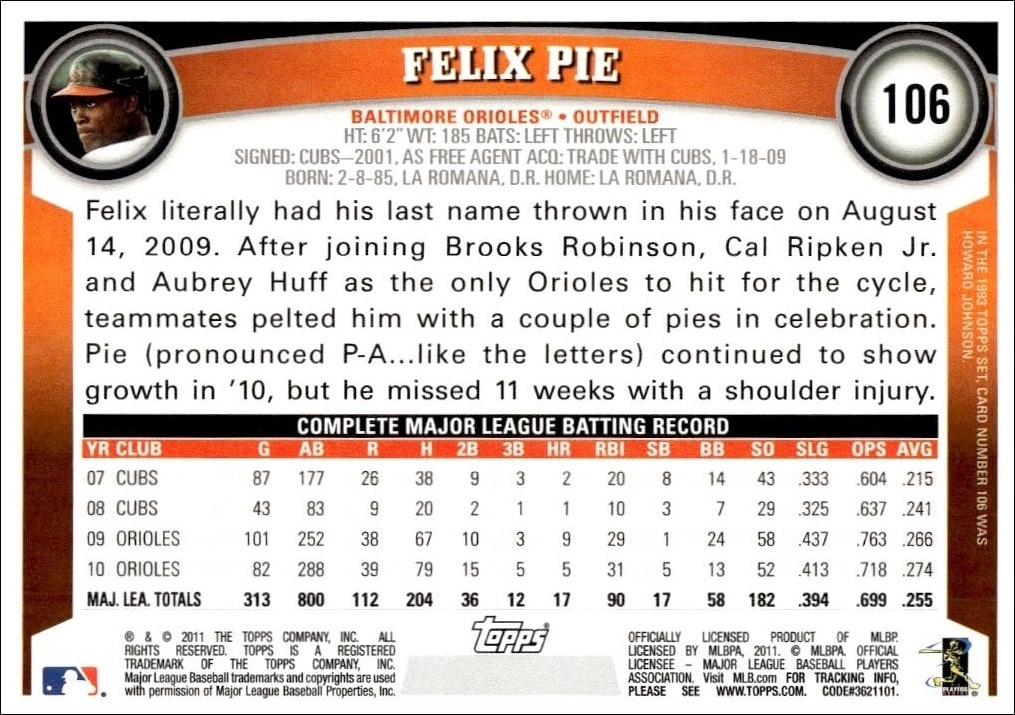 2011 Topps Felix Pie #106 baseball trading card back