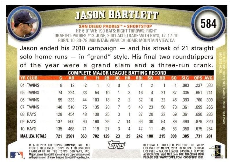 2011 Topps Series 2 Jason Bartlett #584 baseball trading card back