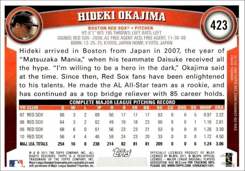 2011 Topps Series 2 Hideki Okajima #423 baseball trading card back