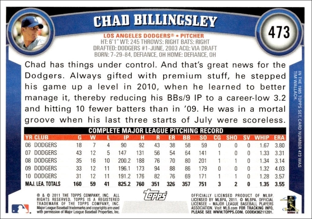 2011 Topps Series 2 Chad Billingsley #473 baseball trading card back