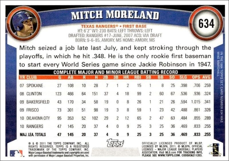 2011 Topps Series 2 Mitch Moreland #634 baseball trading card back