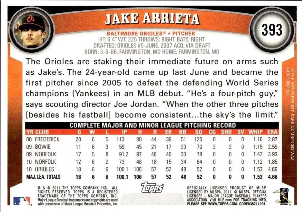2011 Topps Series 2 Jake Arrieta #393 baseball trading card back