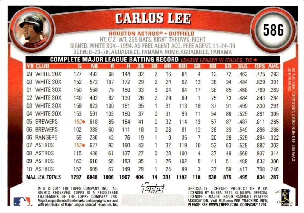 2011 Topps Series 2 Carlos Lee #586 baseball trading card back