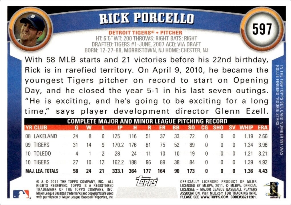 2011 Topps Series 2 Rick Porcello #597 baseball trading card back