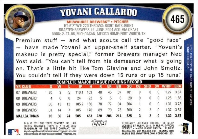 2011 Topps Series 2 Yovani Gallardo #465 baseball trading card back