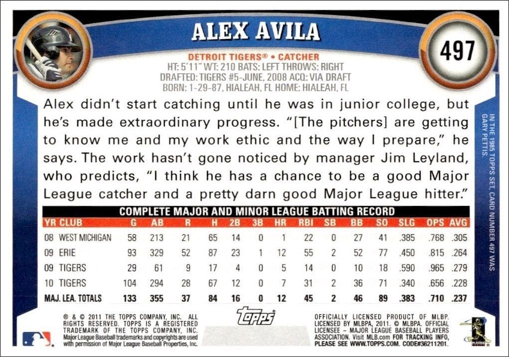 2011 Topps Series 2 Alex Avila #497 baseball trading card back
