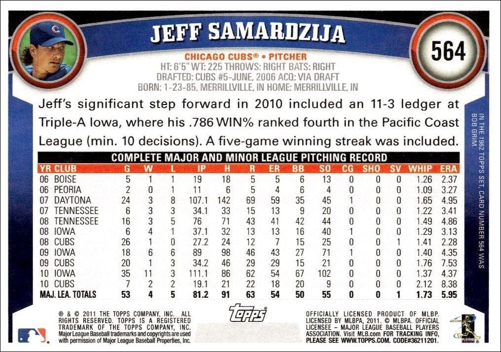 2011 Topps Series 2 Jeff Samardzija #564 baseball trading card back