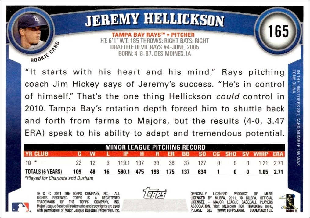2011 Topps Jeremy Hellickson #165 baseball trading card back