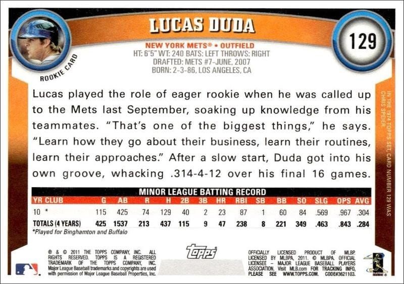 2011 Topps Lucas Duda #129 baseball trading card back