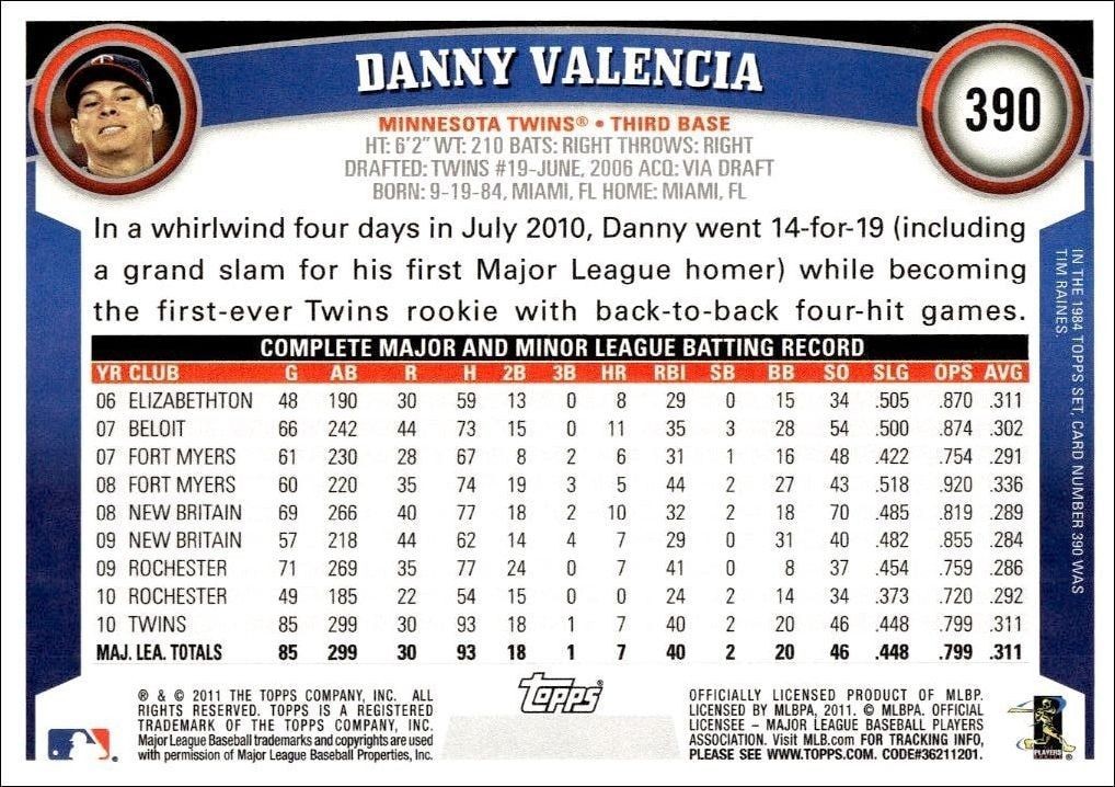 2011 Topps Series 2 Danny Valencia #390 baseball trading card back