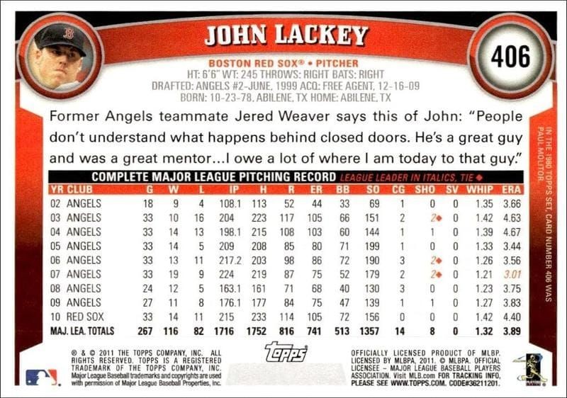 2011 Topps Series 2 John Lackey #406 baseball trading card back