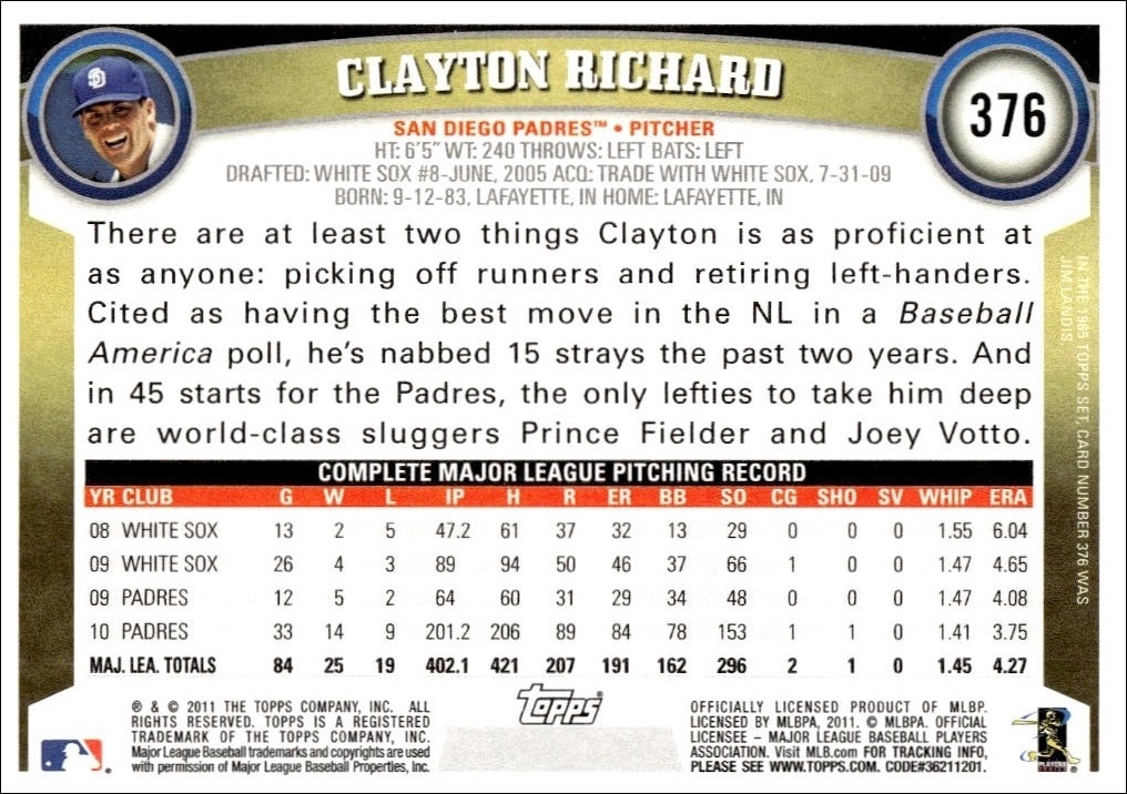 2011 Topps Series 2 Clayton Richard #376 baseball trading card back