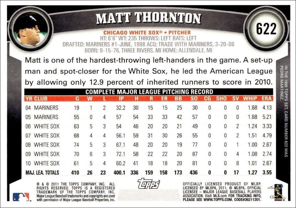 2011 Topps Series 2 Matt Thornton #622 baseball trading card back
