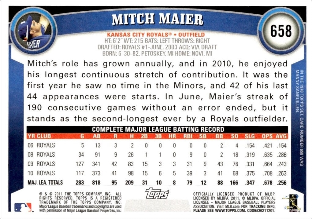 2011 Topps Series 2 Mitch Maier #658 baseball trading card back