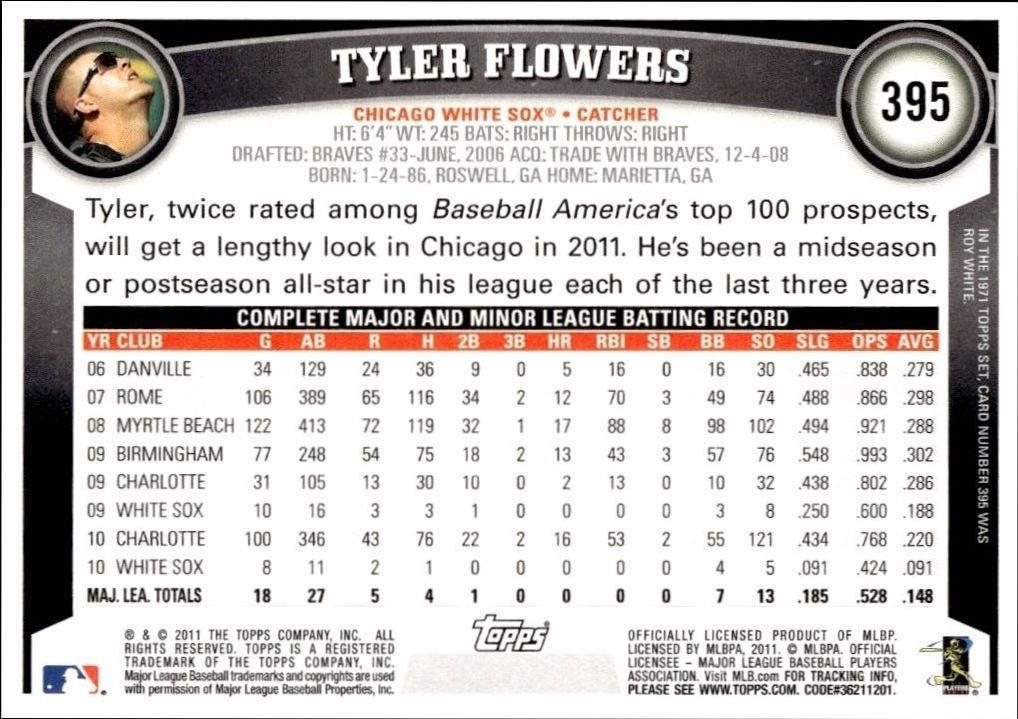 2011 Topps Series 2 Tyler Flowers #395 baseball trading card back