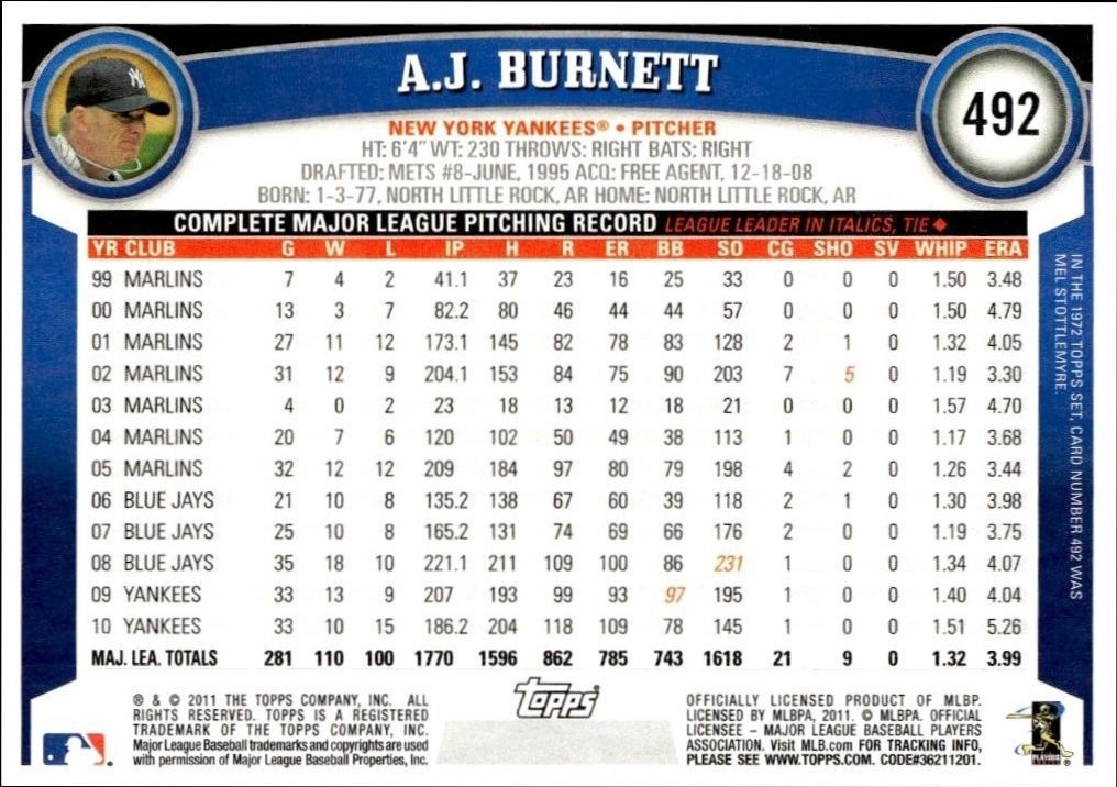2011 Topps Series 2 A.J. Burnett #492 baseball trading card back