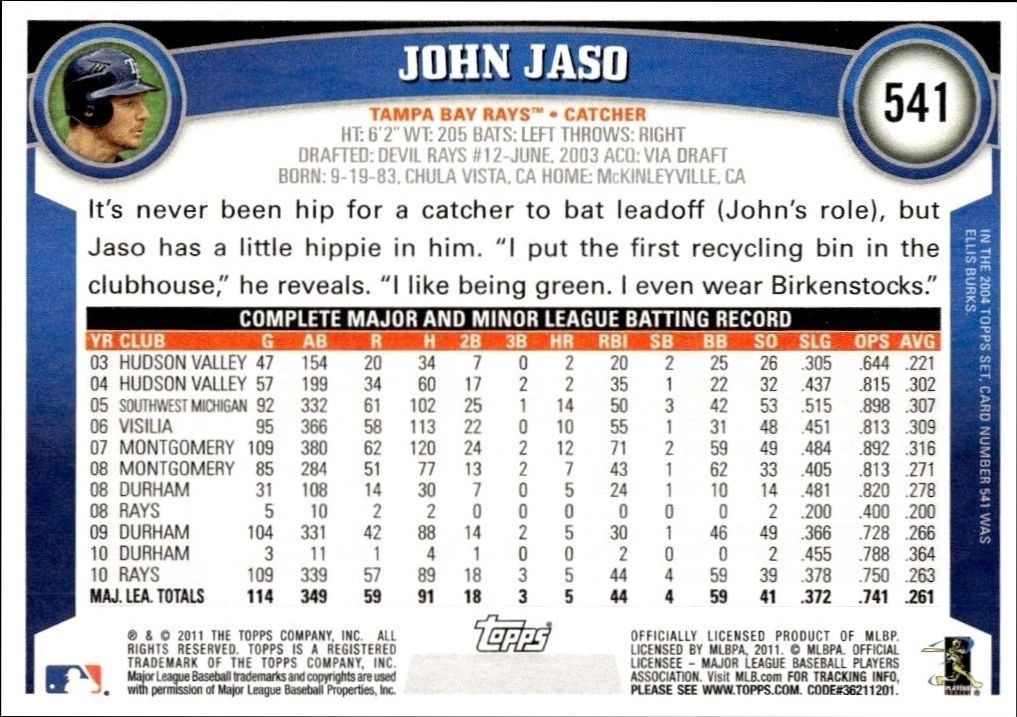 2011 Topps Series 2 John Jaso #541 baseball trading card back