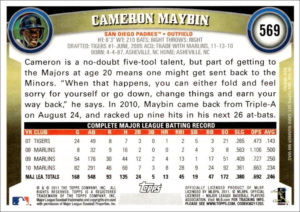 2011 Topps Series 2 Cameron Maybin #569 baseball trading card back