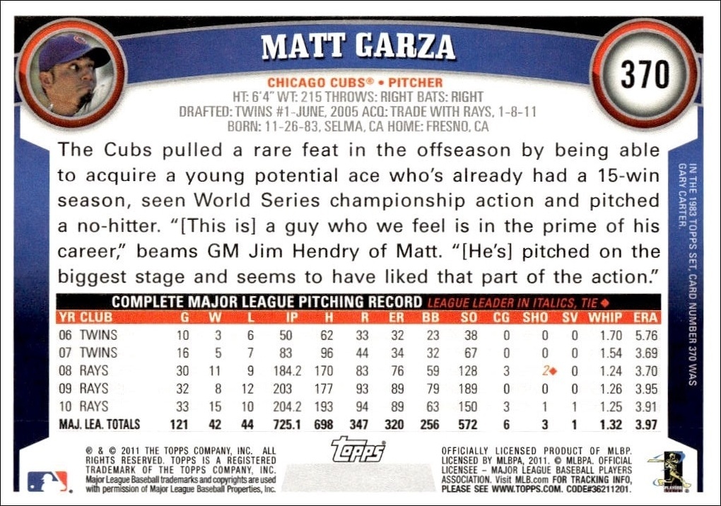 2011 Topps Series 2 Matt Garza #370 baseball trading card back