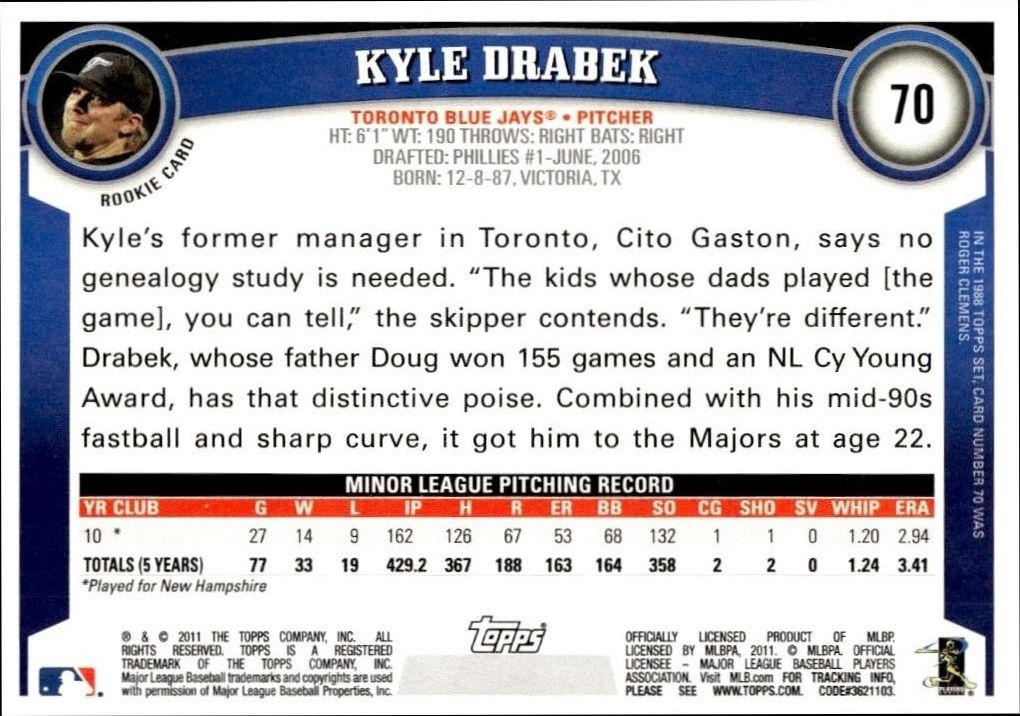 2011 Topps Kyle Drabek #70 baseball trading card back