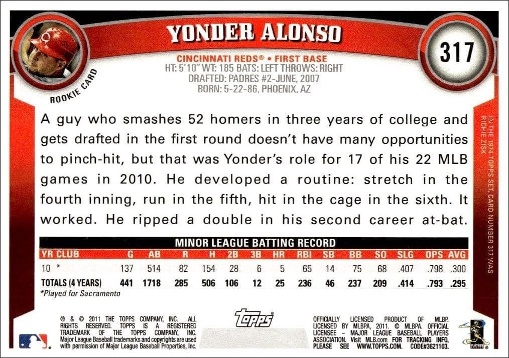 2011 Topps Yonder Alonso #317 baseball trading card back