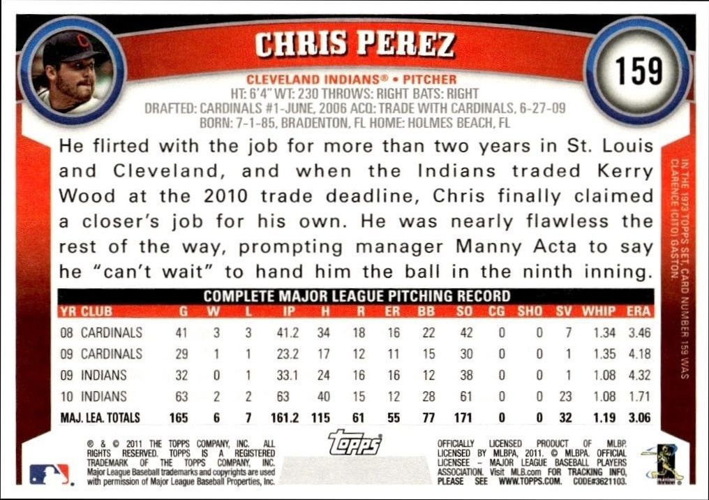 2011 Topps Chris Perez #159 baseball trading card back