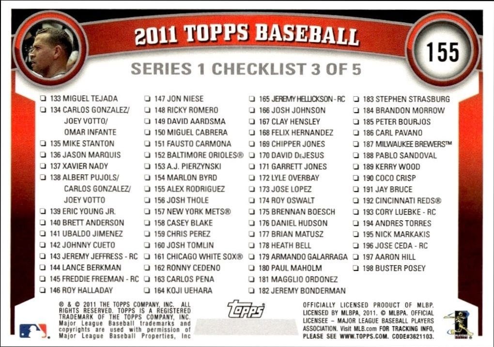 2011 Topps Alex Rodriguez #155 baseball trading card back