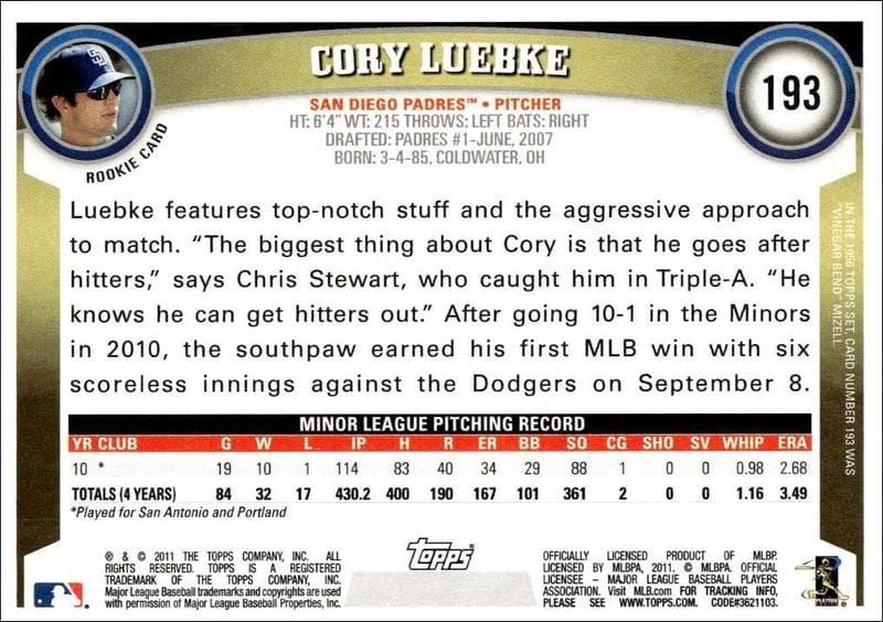 2011 Topps Cory Luebke #193 baseball trading card back