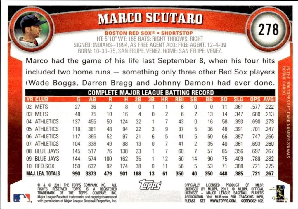 2011 Topps Marco Scutaro #278 baseball trading card back