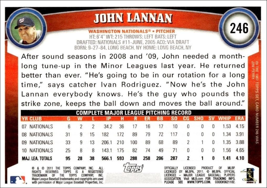2011 Topps John Lannan #246 baseball trading card back