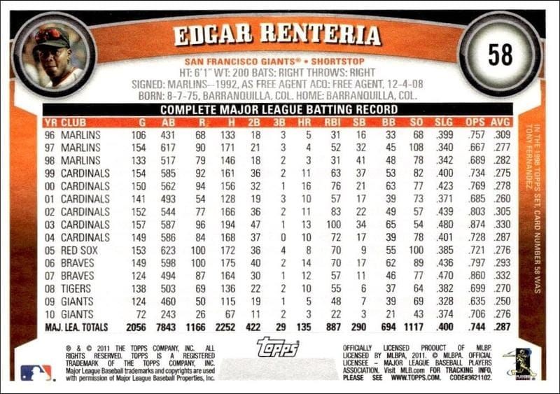 2011 Topps Edgar Renteria #58 baseball trading card back