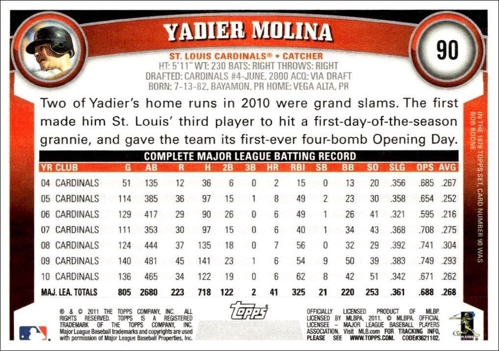 2011 Topps Yadier Molina #90 baseball trading card back