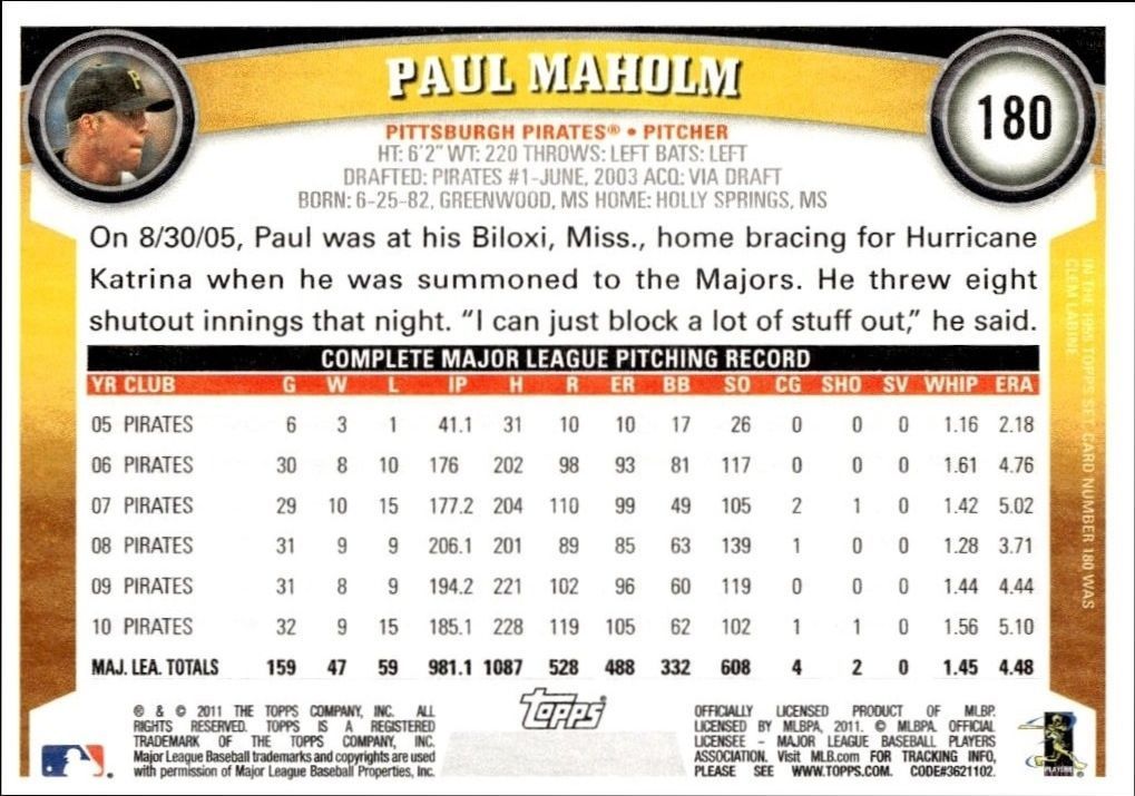2011 Topps Paul Maholm #180 baseball trading card back