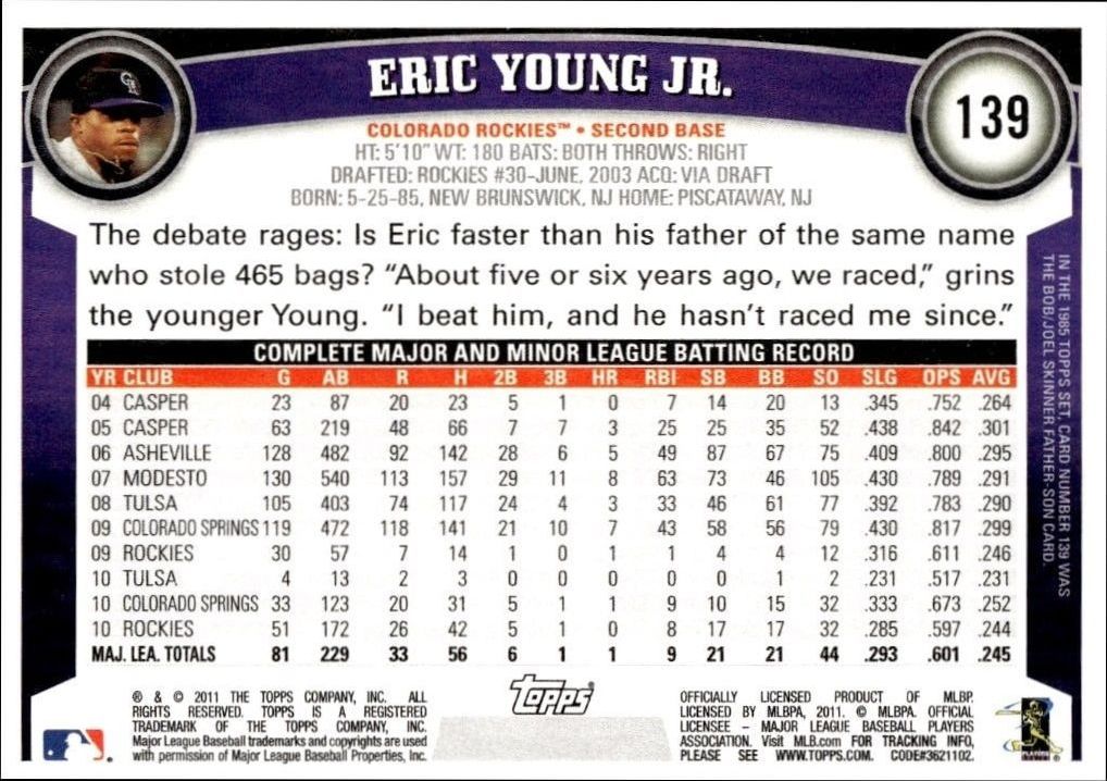 2011 Topps Eric Young Jr. #139 baseball trading card back